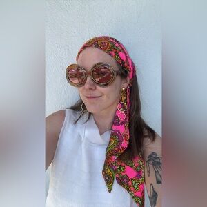 60s Vintage Bright Pink Barkcloth Paisley Scarf